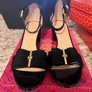 Tory Burch Black Patent Leather Heels with Gold Accents